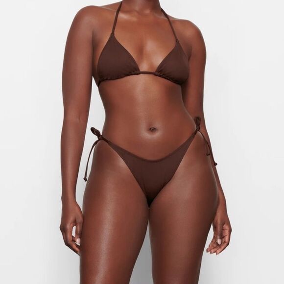 NWT SKIMS Recycled Swim Low Rise Tie Bikini Bottom In Cocoa Brown Swim Bottom - Picture 1 of 7